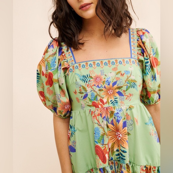 Farm Rio Bright Yard Floral Puff Sleeve Ruffled Tiered Mini Dress Size S - Picture 5 of 13